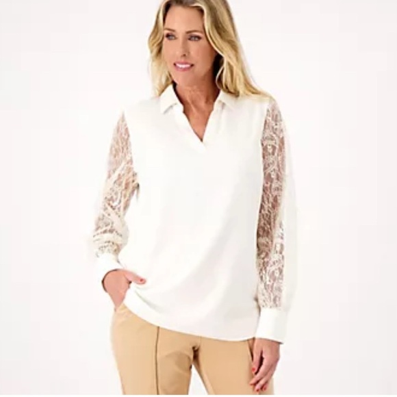 Isaac Mizrahi Live Stretch Crepe Blouse with Lace Sleeves Size M - Picture 1 of 8